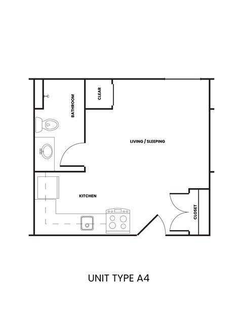 Floor plan for studio, 1 bath, 351 sqft